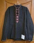 Koszula męska, czarna, lniana, haft ręczny, wzór huculski, używana