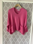Cienki lekki sweter różowy rękaw 3/4 one size letnia dzianina 