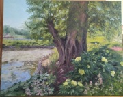 Obraz olejny pejzaż, nad stawem