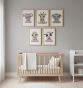 Zestaw 5 obrazków A4 do pokoju dziecięcego | Ramki jasne drewno Zwierzątka