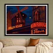 Francja - Paryż - Moulin Rouge nocą - grafika retro 60x40cm
