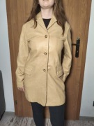 Kremowy beżowy elegancki płaszcz skórzany skóra naturalna S/36 wiosna hit