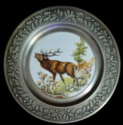 Piękny cynowy talerz myśliwski porcelana Jeleń Szlachetny Byk Bawaria XXw. 