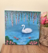 Ręcznie malowany obraz 20x20 cm  łabędź romantyczny