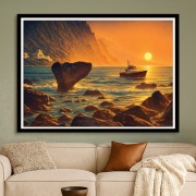 Madera zachód słońca i skała -  art deco - 60x40cm 