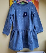 Okaidi sukienka 128 falbanka srebrne gwiazdki niebieska