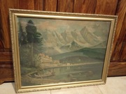 Obraz oleodruk. Pejzaż z kobietą w łódce.