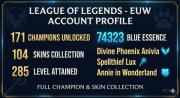 Konto LoL 285 Lvl | 171 Postacie | 104 Skiny | 74k BE | Full Access | 