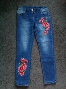 Spodnie jeansowe z aplikacjami kwiaty, rozmiar L