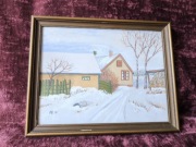 Duński obraz z 1949 roku - zimowy pejzaż z domem. 