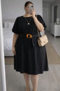 Czarna elegancka sukienka z bufkami i paskiem | klasyka z charakterem | 4XL