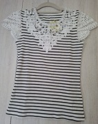 Nowa bluzka prążek biała w czarne paski piękna koronka r. S/M 