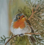 A.Giża RUDZIK obraz olejny 20/20 cm PTAK PTAKI DZKA NATURA 