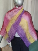 Kolorowy, marszczony szalik, batik, pasy fiolet, żółty, róż, burgund, brąz