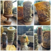 7 szt. STARE ŚWIECE woskowe rzeźbione dekoracje ŚWIECZNIK dębowy RĘKODZIEŁO