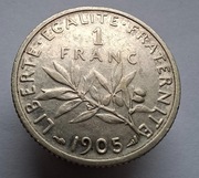 moneta Francja 1 frank 1905 srebro