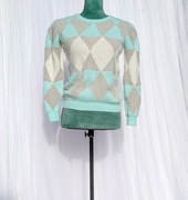 Miętowy sweter M 38 kratka romby szachownica biała szara mięta zieleń