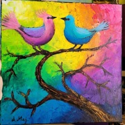 A. Maj. OBRAZ OLEJNY Ptasie zaloty 40x40 cm kwiaty