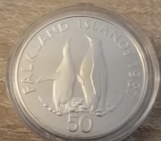 Duża Srebrna Moneta 50 pensów Falklandy 1987 pingwin królewski Ag 925