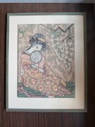 Haft gobelin gejsza Japonia vintage obraz w ramie 36,5 x 28 cm