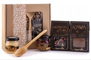 BOX PREZENTOWY ZESTAW Z HERBATĄ I KAWĄ czarno złoty MIÓD KONFITURA ŁYŻKA