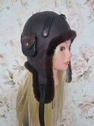 Skórzana czapka pilotka brązowa 56-57cm 