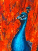 Obraz Olej Paw Czerwień 40x60 Impasto Abstrakcja Pióra Faktura