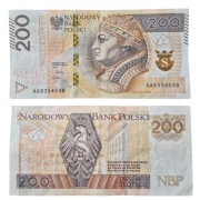 Banknot RADAR 200 zł POLSKA rzadka seria AA 8354538 2015r. STAN: VF