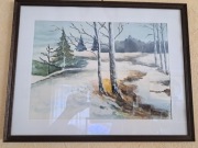 Obraz akwarela– Zima w lesie nad stawem zimą