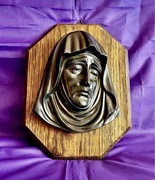 Mosiężna Piękna płaskorzeźba Matka Boska Super stan na Drewnianej podstawie