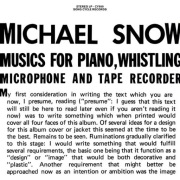 Michael Snow – Musics For Piano, Whistling, Microphone And Tape Recorder