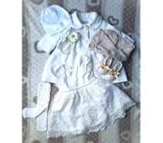 Komplet na chrzest: sukienka, płaszczyk, bolerko, buciki, czapka, rajstopki