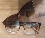 Brązowe oprawki damskie kobiece z nakładkami clip on zerówki kocie okulary