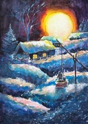 Cudowna pełnia księżyca we wsi akwarela original A4