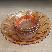 Szkło iryzowane carnival glass zestaw misek vintage huta hortensja