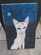 Obraz na płótnie 30x20 cm. Biały kot nocą farby tempera i plakatowe