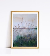 Akwarela A4 "Złote trawy w Bieszczadach", malowane ręcznie, zachód słońca