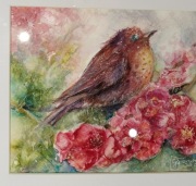 Ptaszek na gałązce kwitnącego drzewa, vintage - oryginał z ramką.