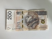 Banknot 200zł numer seryjny 7777 / Kolekcjonerski.