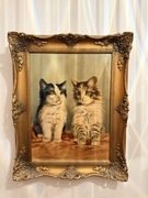 Koty - dwa małe kotki. Stary obraz olejny.