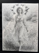 Oryginalny rysunek ołówkiem – kobieta wśród ptaków – praca artystyczna