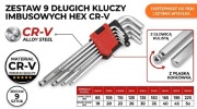 ZESTAW 9 KLUCZY IMBUSOWYCH HEX 1.5-10mm|EKSTRA DŁUGIE|CR-V|Końcówka Kulista