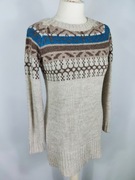 Długi beżowy kremowy sweter sweterek we wzory dzianinowy długi rękaw M/L