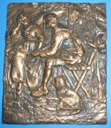 XIX/XXw Płaskorzezba miedż.Myśliwy.Strzelby pies.Polowanie