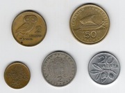 2 drachmy 1959; 20 lept, 2 drachmy, 50 lept 1973; 50 drachm 1988, Grecja.
