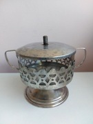 Cukiernica szklana w metalowym koszyku PRL