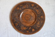 Drewniany inkrustowany talerz dekoracyjny, fi 30 cm, PRL, Cepelia?