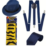 Kapelusz szelki wąsy krawat 4w1 granatowy męski zestaw nowy