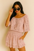 Koronkowy komplet pudrowy róż bluzka + spódnica BOHO S-M LATO”