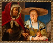 Stary obraz olejny "Starość i młodość" - certyfikat